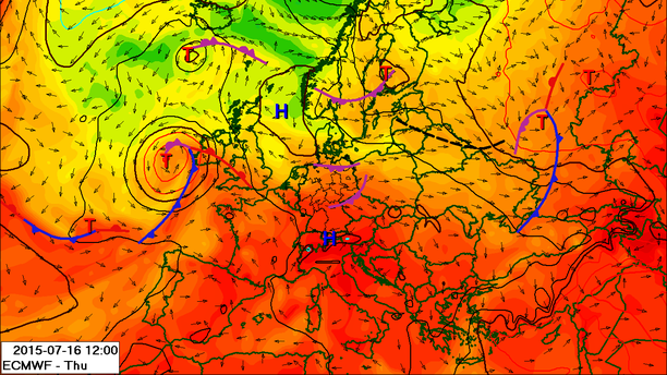 Wetterkarte mit Fronten, Donnerstag, 16.07.15