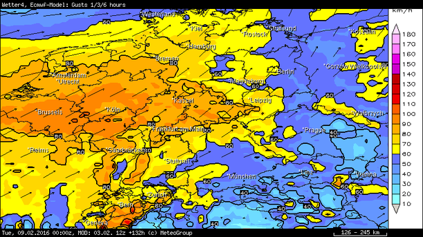 Böen, max. 6-stündig in km/h, ECMWF Di 00 UTC