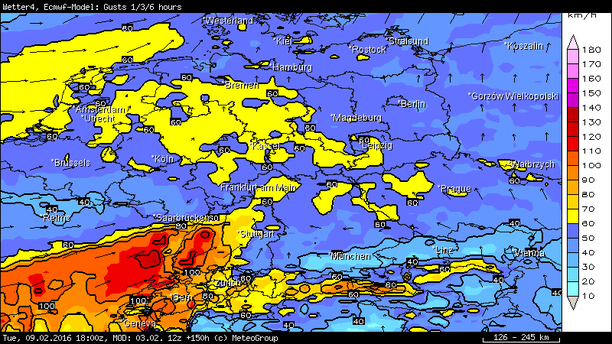 Böen, max. 6-stündig in km/h, ECMWF Di 18 UTC