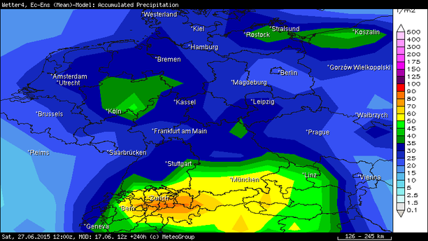 Niederschlagssumme Ensemblemittel ECMWF