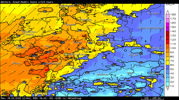 Böen, max. 6-stündig in km/h, ECMWF Mo 12 UTC