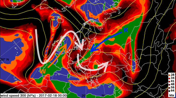 Meridionale Wetterlage, 300 hPa Wind am 18.02.2017