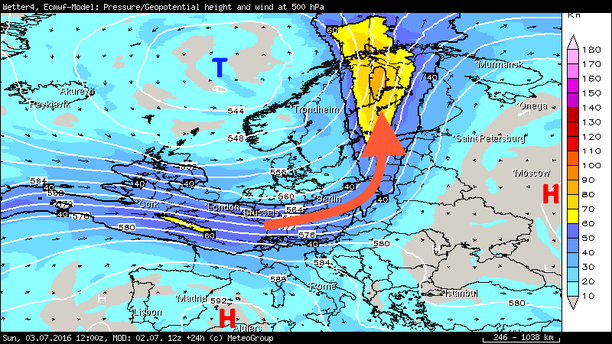 Wind und Isohypsen 500 hPa Sonntag, 03.07.16