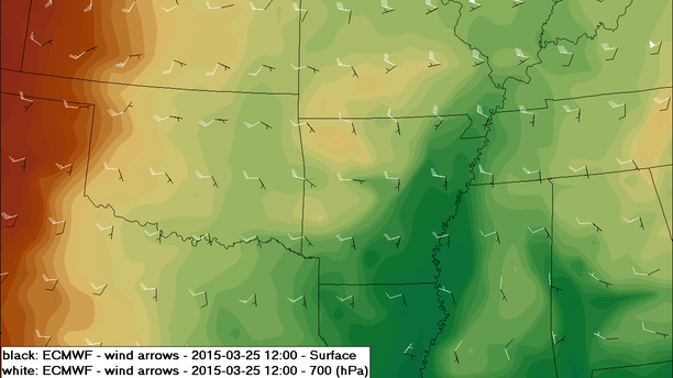 Bodenwind und Wind 700 hPa Southern Plains USA
