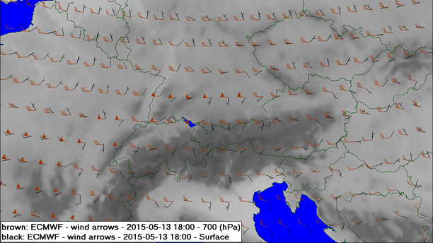 Wind 700 hPa Wind 10 m 13.05.15 18 UTC