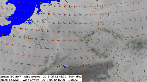 Wind 700 hPa Wind Boden 12.05.15, 21 UTC