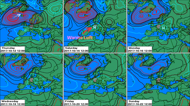 Trend Luftdruck Mitteleuropa Ensemble-Mittel ECMWF 12. bis 22.10.2017