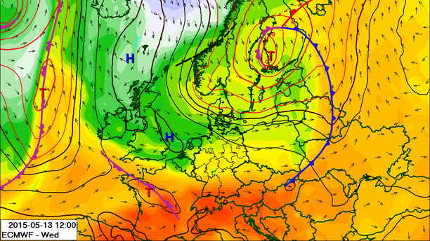 Prognose Luftmassen, Fronten Mittwoch 13.05.15 12 UTC