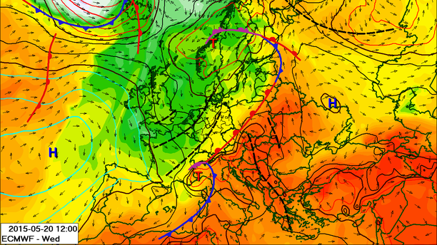 Wetterlage mit Fronten am Mittwoch, 20.05.15
