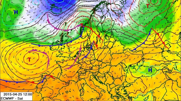 Bodendruck, Theta-e 850, Fronten hPa 26.04.15 12 UTC