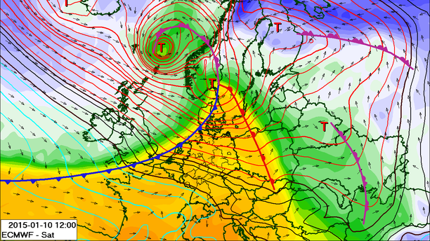 Bodendruck und Fronten Samstag 12 UTC