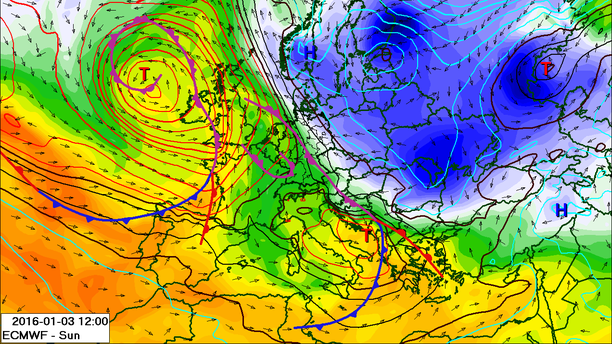Wetterlage mit Fronten, Sonntag, 03.01.16
