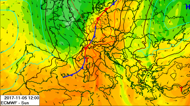 Wetterlage mit Fronten, Sonntag, 05.11.17, 13 Uhr