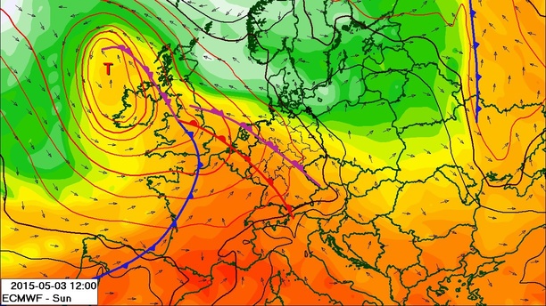 Bodendruck, Theta-E 850 hPa und Fronten am Sonntag, 03.05.15 12 UTC