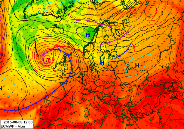 Wetterlage am Montag: Auf der Vorderseite des Tiefs "Bonimir" gelangt heiße Luft nach Deutschland. Hoch "Finchen" sorgt für sonniges Wetter. 