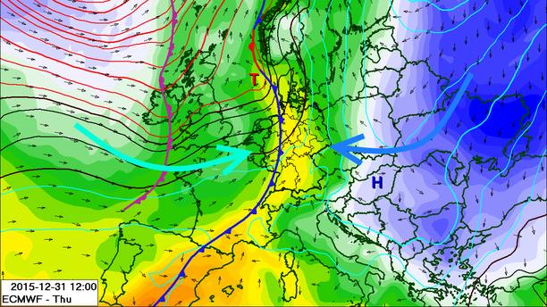 Fronten, Luftmassen 31.12.15, 12 UTC