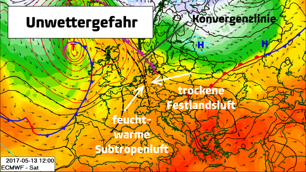 Wetterlage am 13.05.2017 mit Unwettergefahr