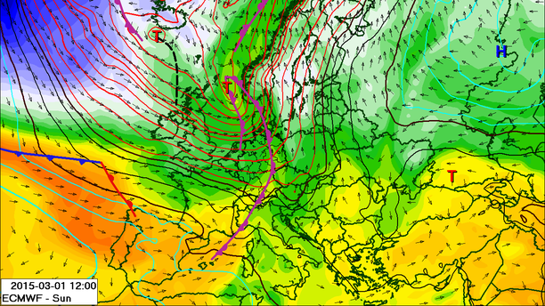 Prognose Bodendruck, Fronten, Theta-e 850 01.03.15, 12 UTC