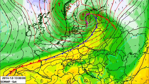 Theta-e 850 hPa, Bodendruck, Fronten, Samstag, 13.12.14, 00 UTC