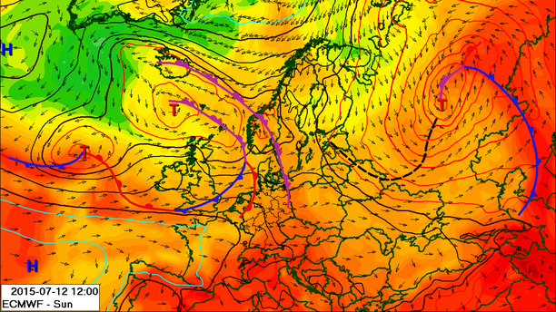 Wetterlage Sonntag mit Fronten