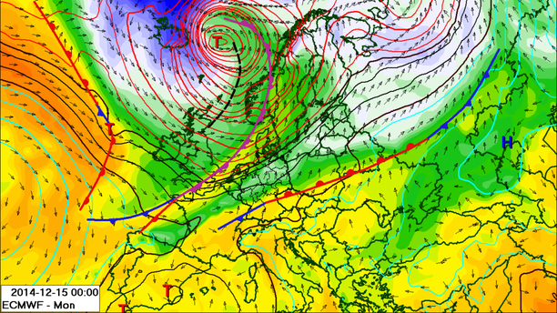 Wetterlage 15.12.14 mit Fronten