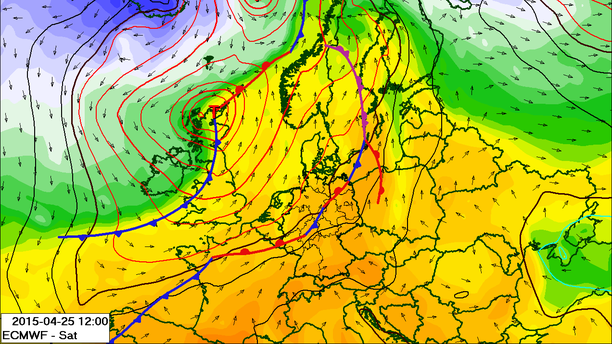 Bodendruck, Theta-E 850 hPa und Fronten 25.04.15 12 UTC
