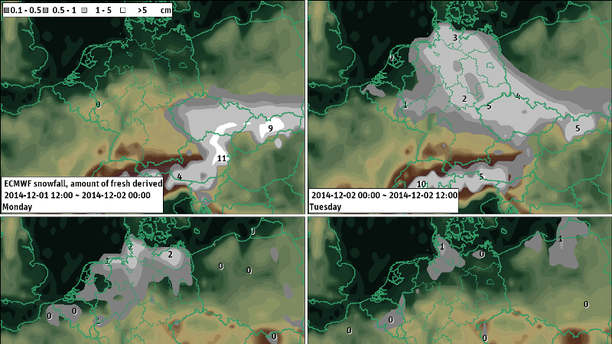 ECMWF-Prognose Neuschnee 12-std. Montag, 1.12. bis Mittwoch, 3.12.14