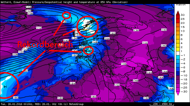 Differenz 850 hPa Temperatur - ERA40 Maximum