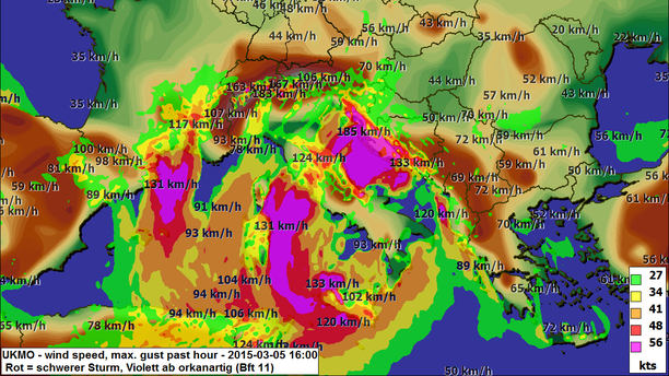 Mistral, Tramontana, Bora: UKMO Euro4 Böen 1-std. 05.03.15 16 UTC