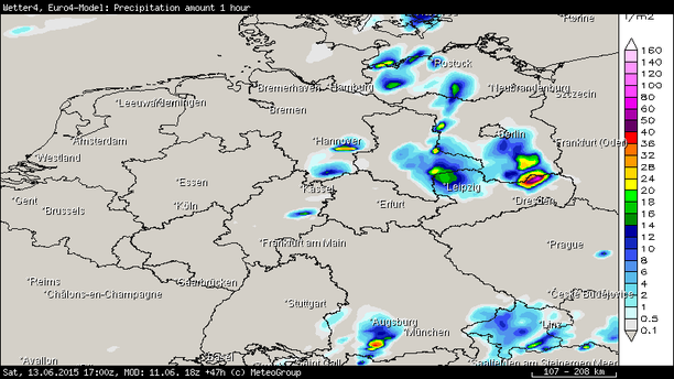 Regenmenge 1-stündig bis 13.06.15, 19 Uhr MESZ