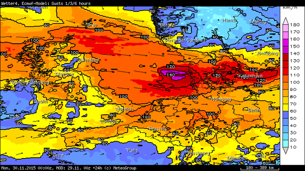 Windspitzen km/h Nacht zum Montag