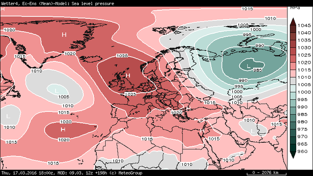 Ensemblemittel ECMWF Bodendruck Donnerstag, 17.03.16, 18 UTC