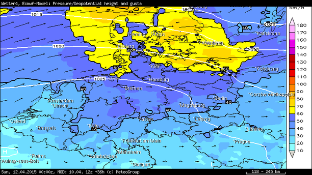 Prognose Windspitzen, 6-std. bis 12.04.15, 00 UTC