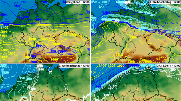 Schneefallgrenze ECMWF Tag 4 bis 7 mittags