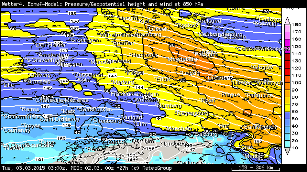 Windgeschwindigkeit 850 hPa Dienstagmorgen