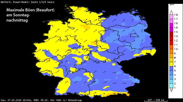 Prognose max. Böen (Bft), 6-std. Sonntag, 07.02.16, 18 UTC