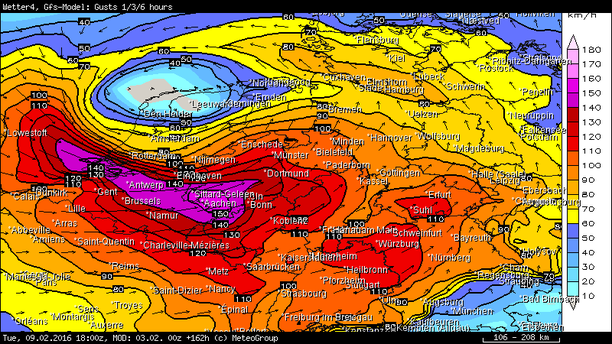 GFS Böen, Orkanböen Nachmittag Veilchendienstag 2016