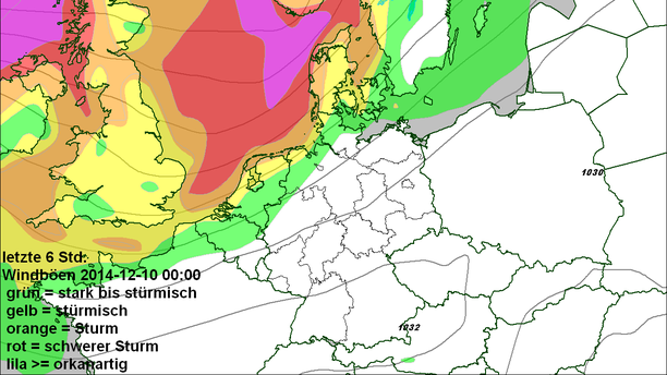 ECMWF: Höchste Böen 6-stündig bis 10.12.14, 00 UTC