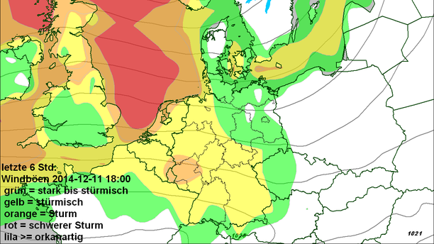 ECMWF: Höchste Böen 6-stündig bis 11.12.14, 18 UTC