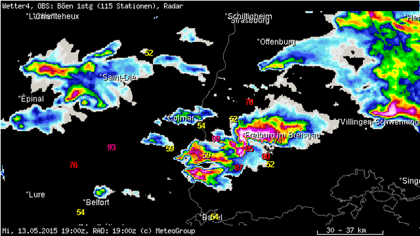 Freiburg und Umgebung: Radarbild und Böen 13.05.15, 21 Uhr MESZ