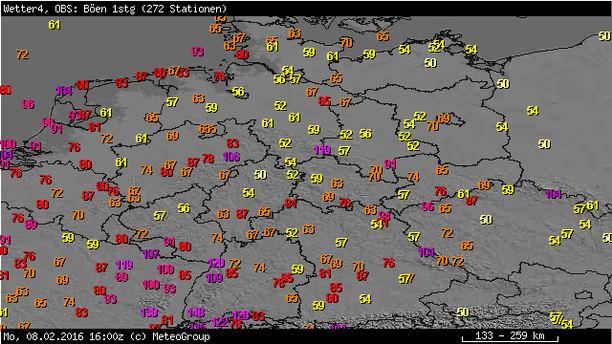 Windspitzen 16 bis 17 Uhr Rosenmontag