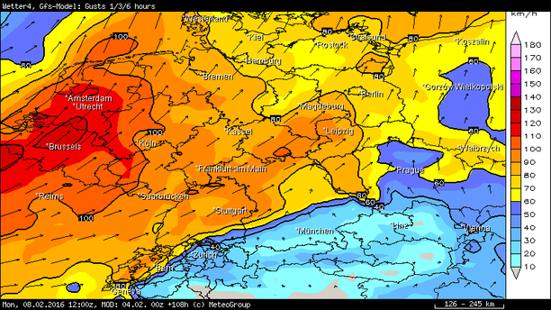 Böen, max. 6-stündig in km/h, GFS Mo 12 UTC