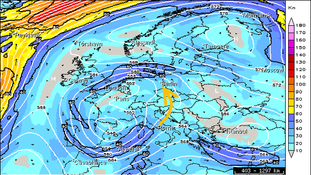 Geopotenzial 500 hPa, Wind 500 hPa am 15.03.15 12 UTC