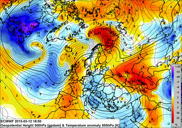 Abweichung Temperatur 850 hPa Mittwoch 11.03.15