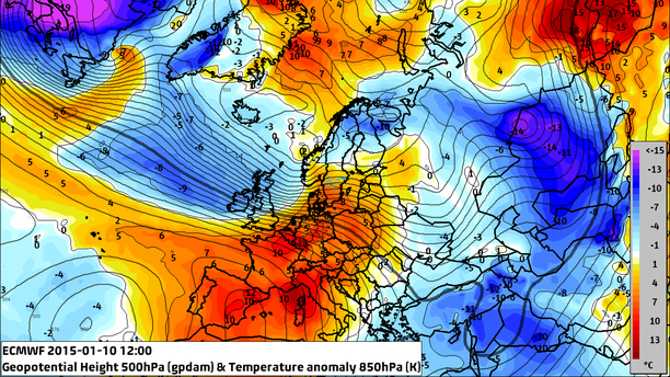 Abweichung Temperatur 850 hPa 10.01.15, 12 UTC