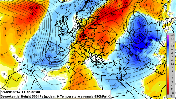 500 hPa Isohypsen und 850 hPa Temperaturabweichung