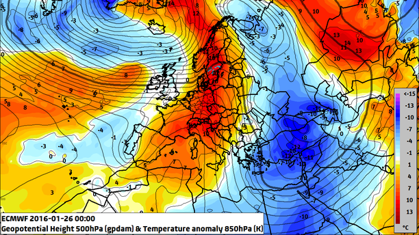 Abweichung 850 hPa Temperatur 26.01.16 00 UTC