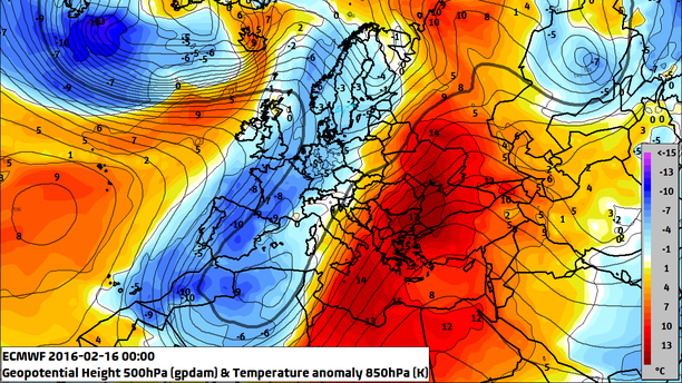 Abweichung Temperatur 850 hPa 15.02.16 12 UTC