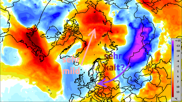 Temperaturabweichungen 850 hPa Analyse ECMWF + Skizze für Winter