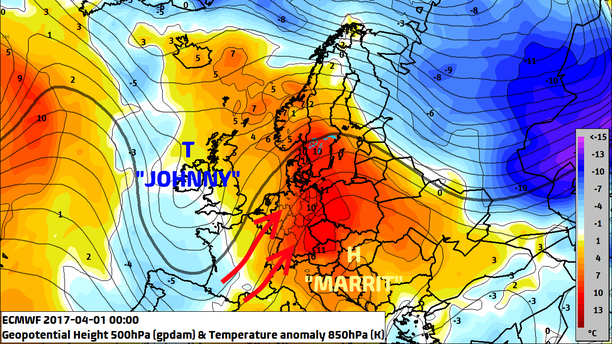 Abweichungen Temperatur 850 hPa am 01.04.17 00 UTC